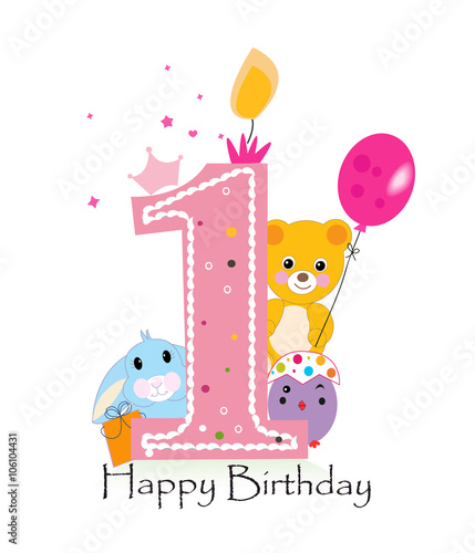 Happy first birthday candle. Baby boy greeting card with bunny, chick and teddy bear vector