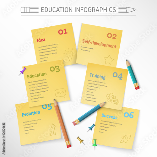 Infographics educational, teaching idea for infographics, information sticker to study illustration with the image of objects for writing, clerical sticker, clerical button, push pin.