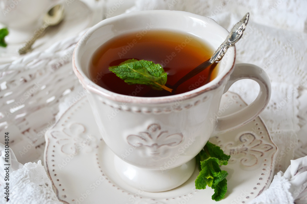 Black tea with mint for breakfast, English breakfast Black tea with mint for breakfast, English breakfast