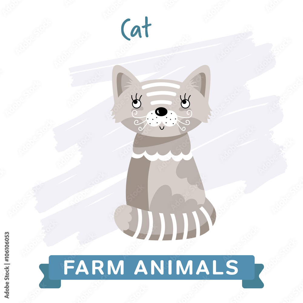 Cat isolated, raster illustration. Farm Animals Series. Cartoon style  design. Single Animal on white background. Stock Illustration | Adobe Stock