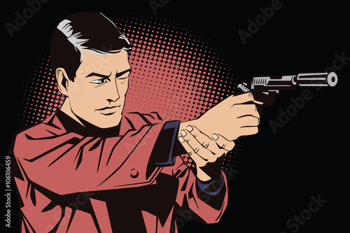 People in retro style pop art and vintage advertising. A man with a gun.