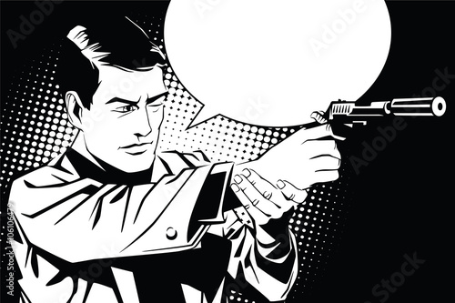 People in retro style pop art and vintage advertising. A man with a gun.