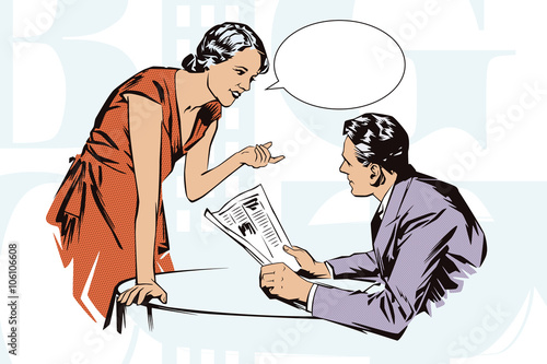 Stock illustration. People in retro style pop art and vintage advertising. Client cafes talking with the waitress.