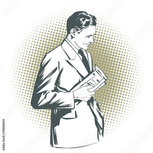 Stock illustration. People in retro style pop art and vintage advertising. Men with the newspaper. 