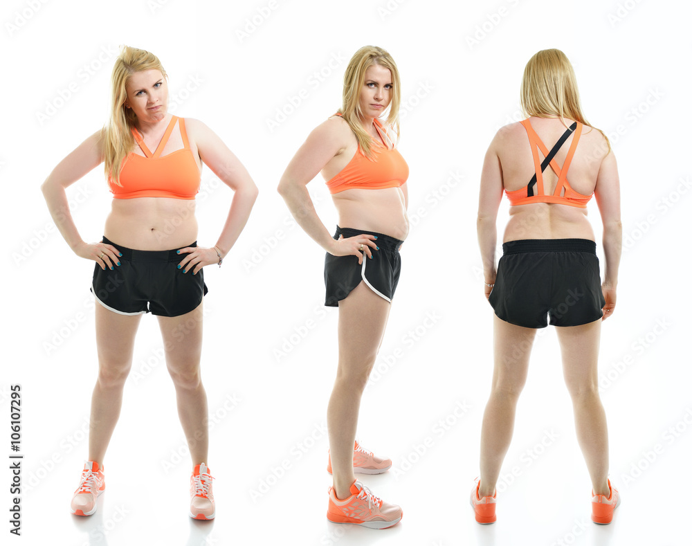 Overweight young woman, full length portrait. Front, side and ba Overweight young woman, full length portrait. Front, side and ba
