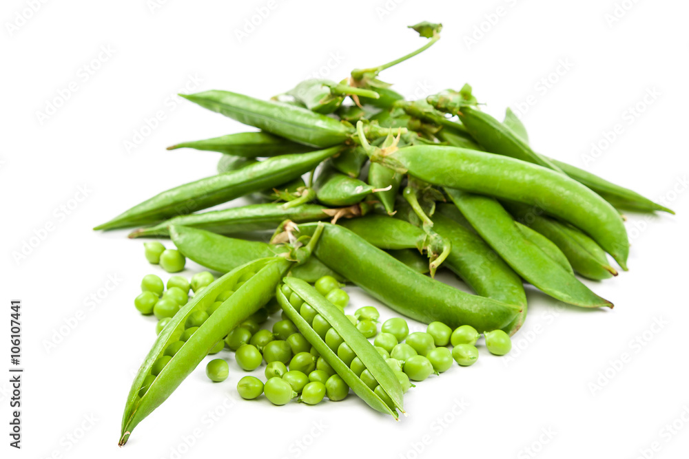 Green peas in the pod on white background. Green peas in the pod on white background.