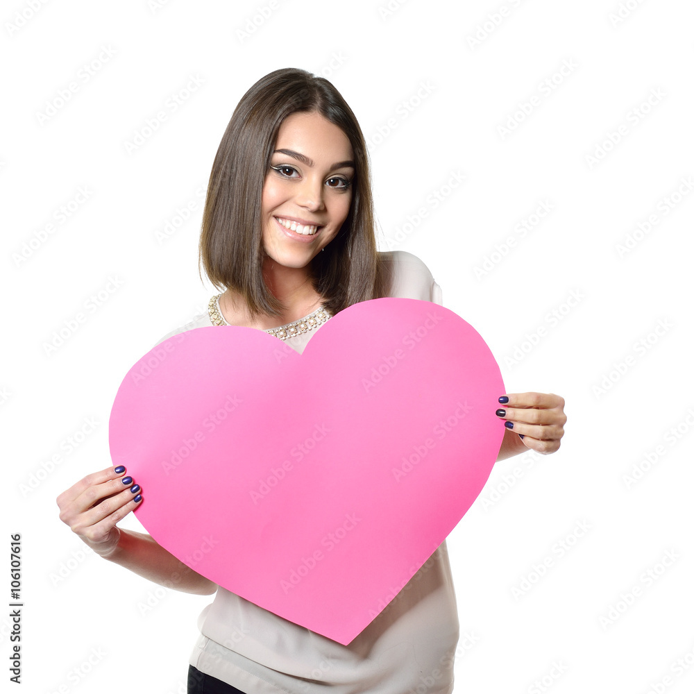 Portrait of attractive happy smiling teen girl with pink heart, Portrait of attractive happy smiling teen girl with pink heart,