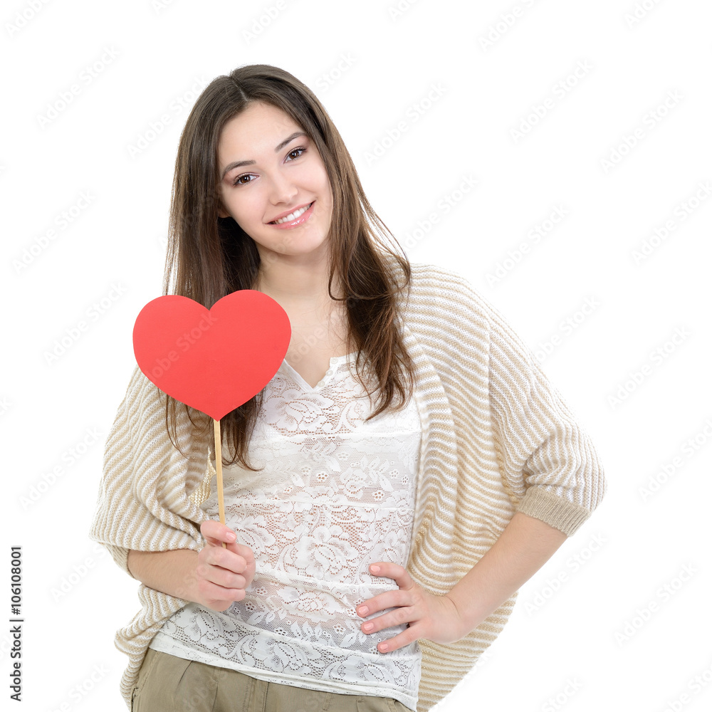 Portrait of attractive happy smiling teen girl with red heart, l Portrait of attractive happy smiling teen girl with red heart, l