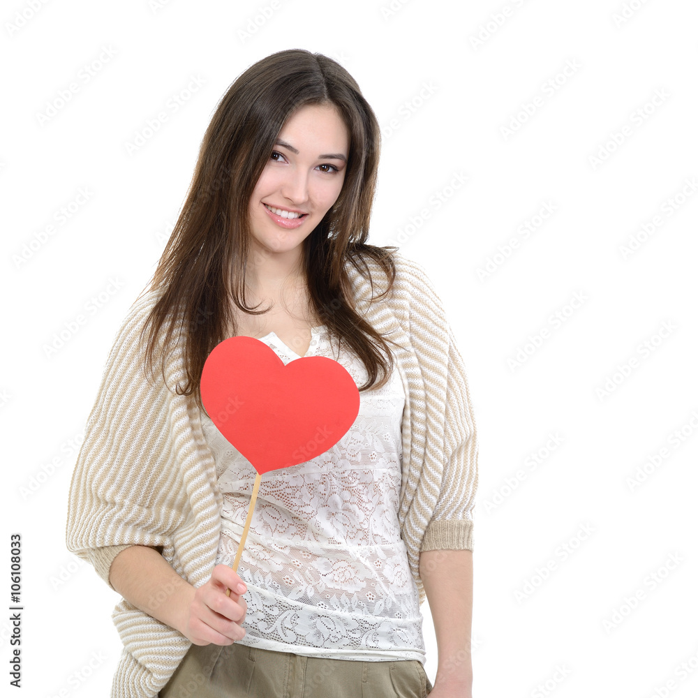 Portrait of attractive happy smiling teen girl with red heart, l Portrait of attractive happy smiling teen girl with red heart, l