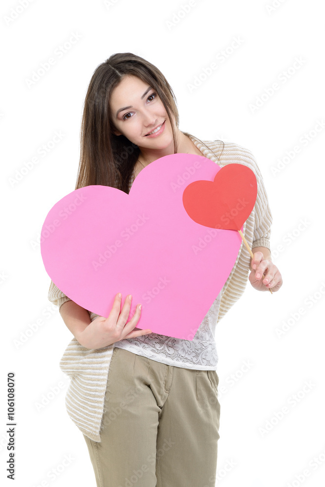 Portrait of attractive happy smiling teen girl with pink heart, Portrait of attractive happy smiling teen girl with pink heart,