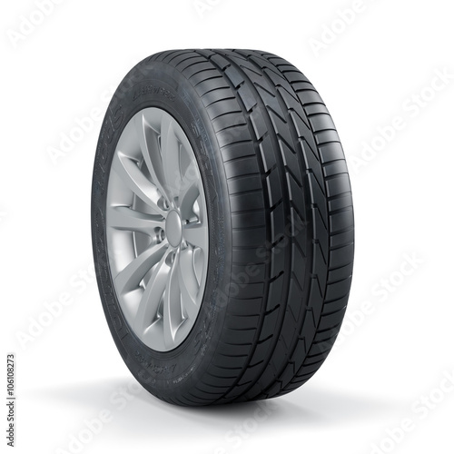 Single new unused car tire with rim isolated