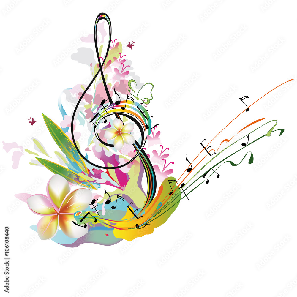 Fototapeta premium Musical treble clef with notes, flower splashes. Summer music.