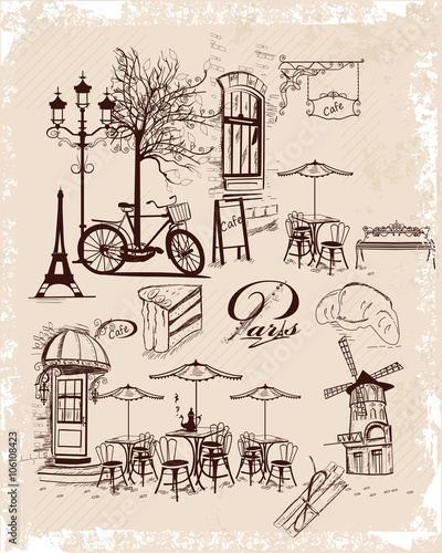 Series of backgrounds decorated with flowers, old town views and street cafes. Hand drawn Vector Illustration 
