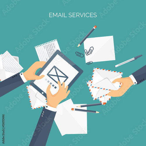 Vector illustration. Flat background with envelope. Emailing concept background. Spam, sms writing.Lettering. New message.