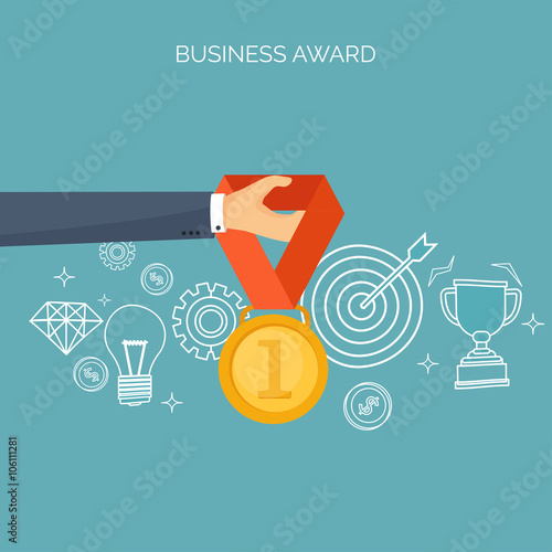 Vector illustration. Flat business concept background. Achievements, mission. Aims, new ideas. Smart solutions.  First place. Medal.