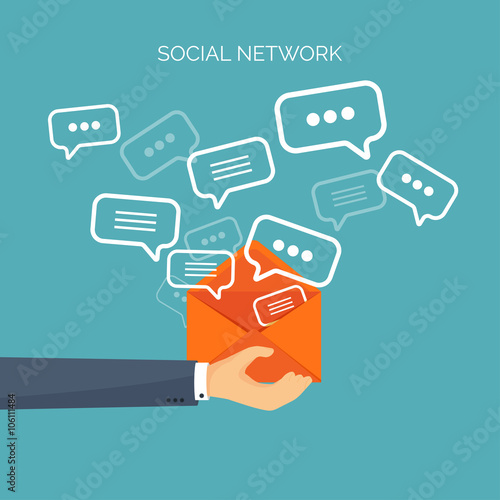 Vector illustration. Flat background. Social media, chatting. Global communication. Laptop, computer, loudspeaker. Emailing. Web chat, internet messages. Sms.