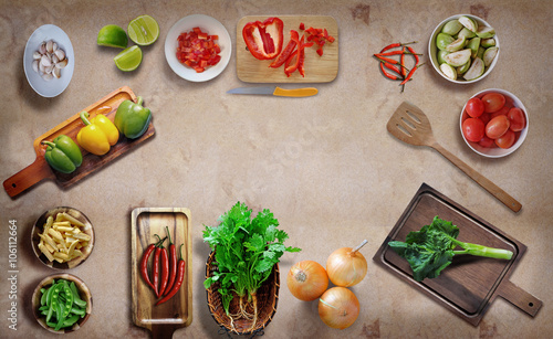 Vegetarian cooking creative concept home with fresh vegetables and healthy wooden top view a copy of the area, Thailand. photo