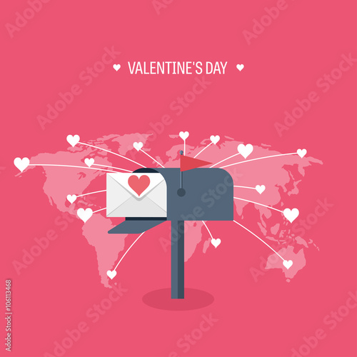 Vector illustration. Flat background with envelope. Love, hearts. Valentines day. Be my valentine. 14 february.  Message.