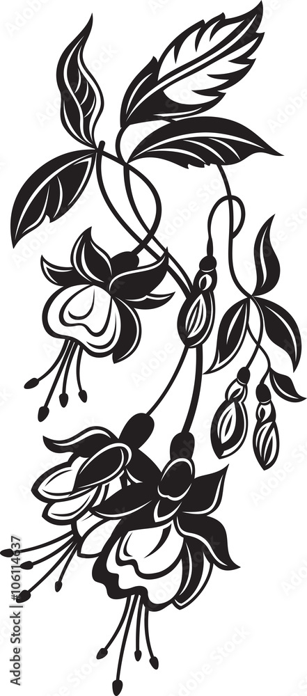 Bunch of decorative flowers, black and white vector illustration
