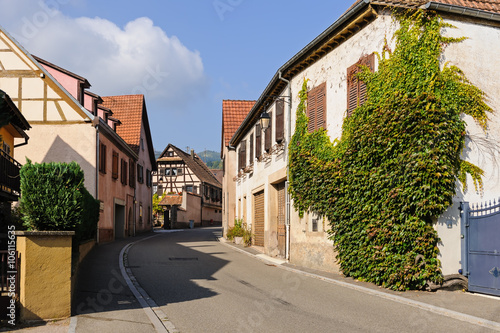 Street with half-timbered houses in the village of Andlau  Alsace  France 