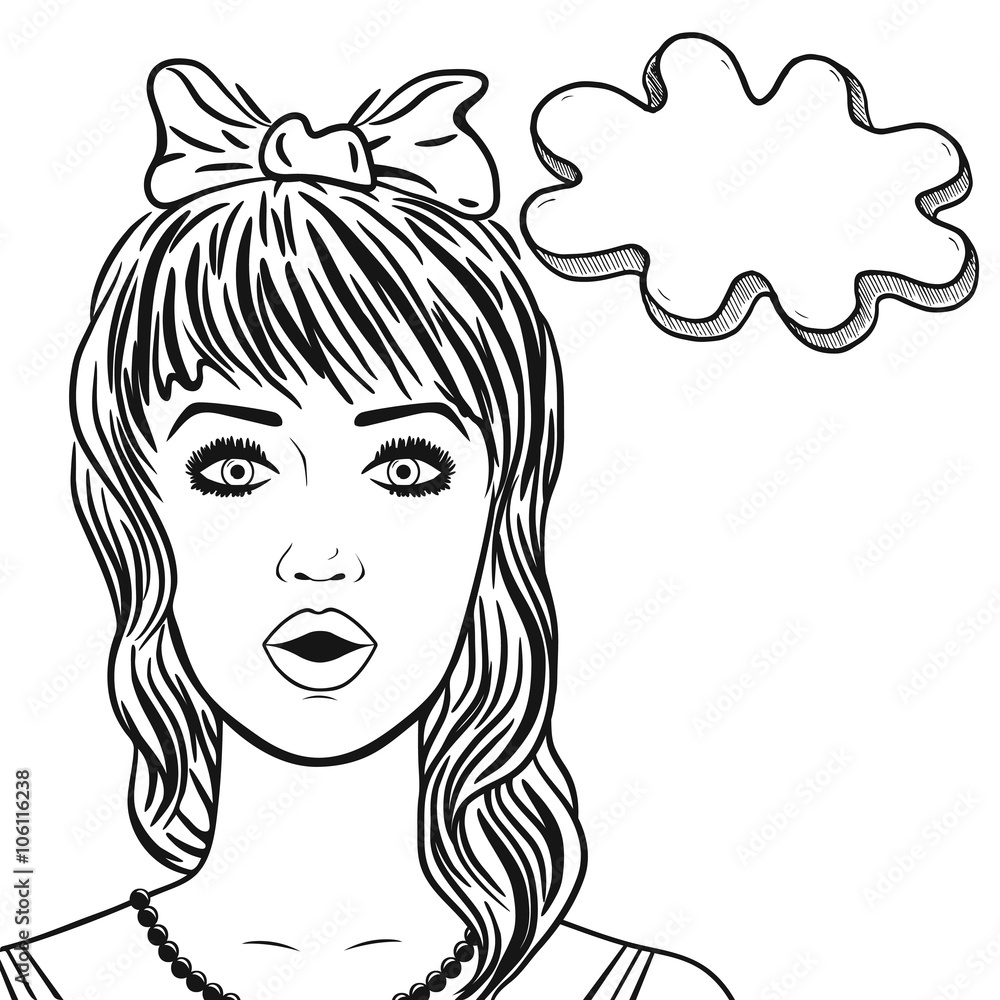 Line art young woman surprised face with cute haircut and bow, speech bubble for message outlined Line art young woman surprised face with cute haircut and bow, speech bubble for message outlined