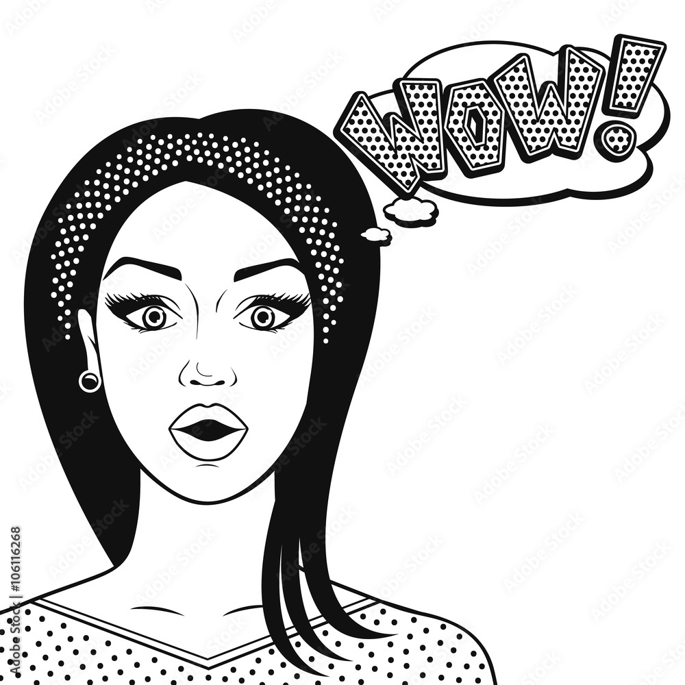 Line art suprised woman face - WOW in comics style, black and white