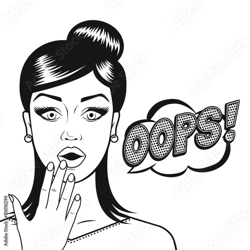 Vector line art surprised woman face with word OOPS, confused young girl in comic style