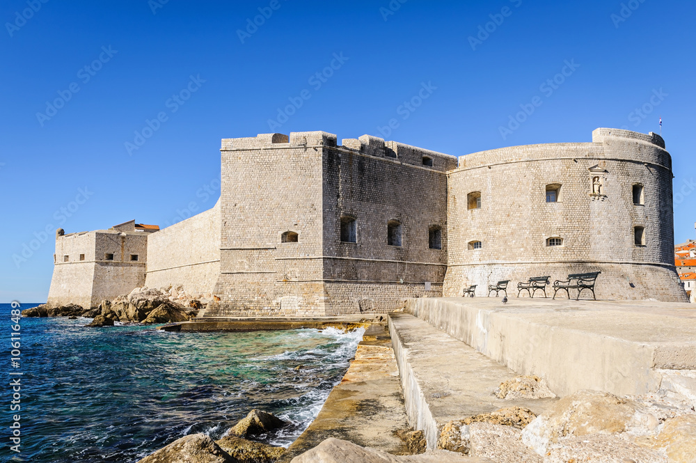 Fortress at the entrance of the old harbor of Dubrovnik, Croatia