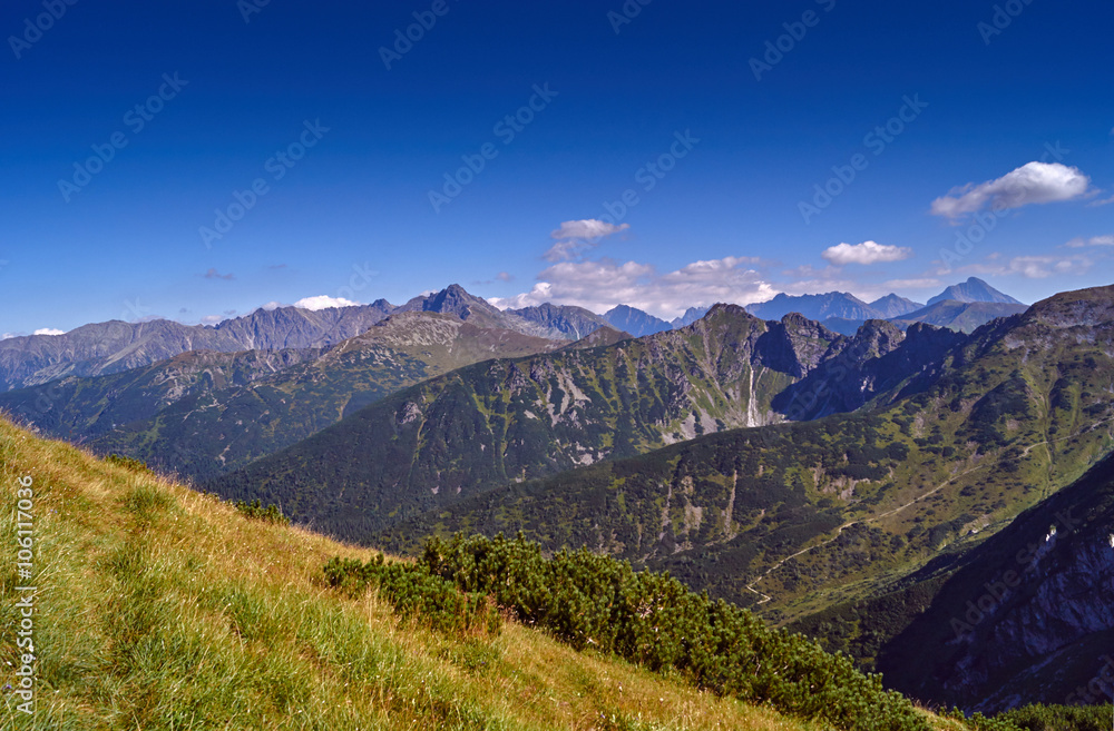 Mountain peaks and slopes in the Western Tatras in Poland.