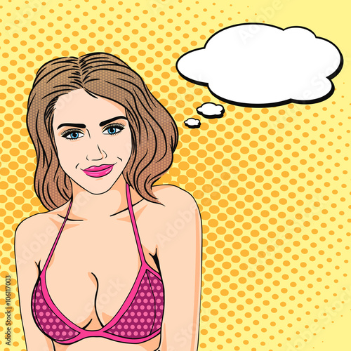 Pop art retro woman in bikini smiling with speech bubble for message, beautiful young adult woman in bra in sunshine comics style