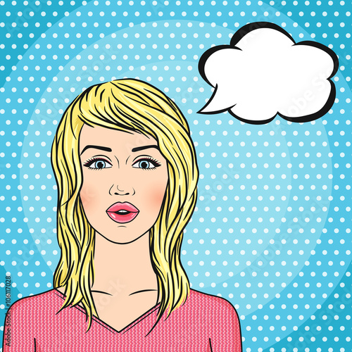 Vector young blonde woman in pink jumper with thinking cloud for text, retro style pretty girl smiling in comics style