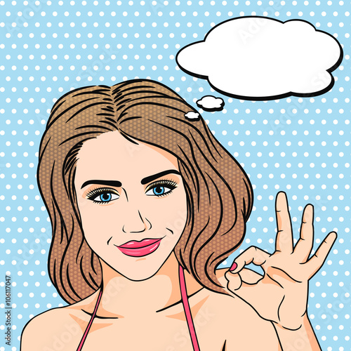 Vector pop art young woman in bikini smiling and showing ok hand sign with thought bubble for message in comics style