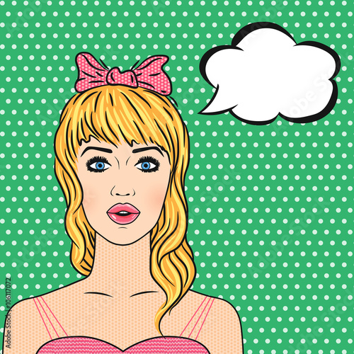 Pop art young blonde girl in pink dress and bow with speech bubble for announcement, comic style vector illustration. Awesome retro girl clipart.