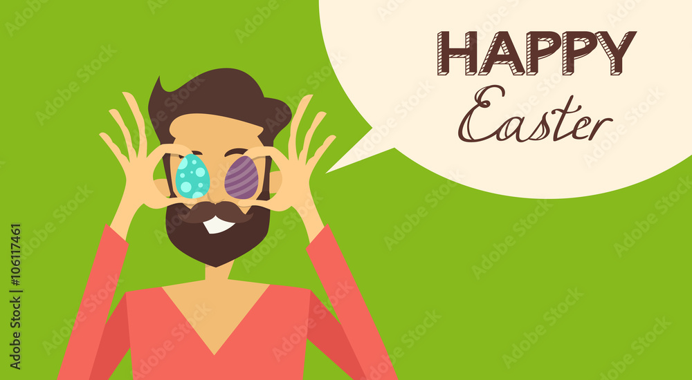 Man Hold Painted Eggs Eyes Happy Easter Holiday Chat Bubble Flat Man Hold Painted Eggs Eyes Happy Easter Holiday Chat Bubble Flat