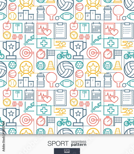 Sport and fitness wallpaper. Game connected seamless pattern. Tiling textures with thin line integrated web icons set. Vector illustration. Abstract background for mobile app, website, presentation.