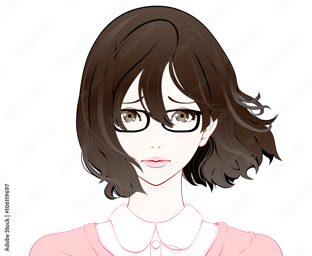 メガネをかけた女性の表情 / 困り顔 / 春服 / なびく髪