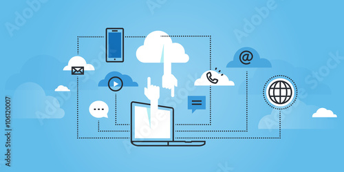 Flat line design website banner of cloud computing services. Modern vector illustration for web design, marketing and print material.