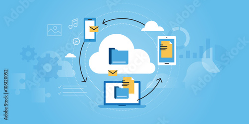 Flat line design website banner of business cloud computing. Modern vector illustration for web design, marketing and print material.