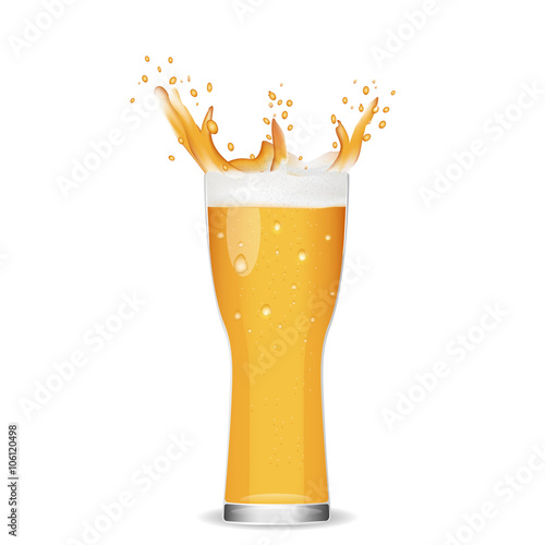 Illustration of glass cold beer.splashing beer on white backgrou