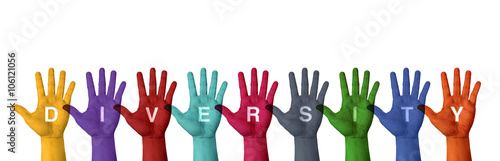 Fotografija Raised hand paint with colorful color with diversity word isolat