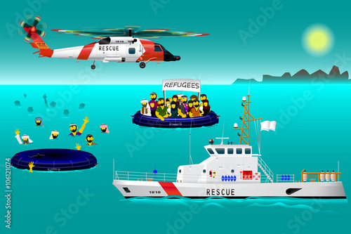 Helicopter rescue teams and ship at sea. The refugees on the boat. The accident on the water. Rescue on the water. Every object on a separate layer