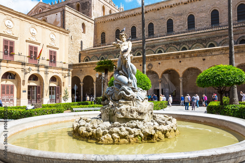 Monreale Cathedral, view on fountain, near Palermo, Sicily, Italy