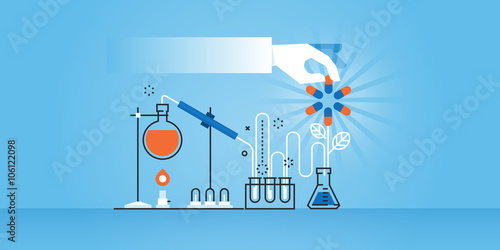 Flat line design website banner of medical research, laboratory, science, pharmacy. Modern vector illustration for web design, marketing and print material. 