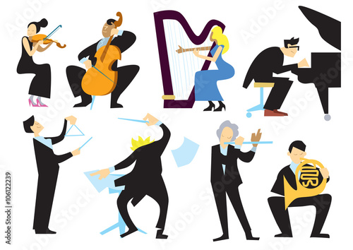 Music orchestra people, isolated on white background. Conductor, trumpet player, pianist, cellist, violinist. Vector musicians.