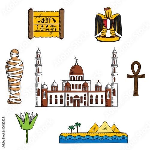 Ancient and modern Egypt symbols for travel design with pharaoh mummy and Giza pyramids, papyrus with hieroglyphics, sacred lotus flower and symbol of life ankh, eagle and Cairo mosque