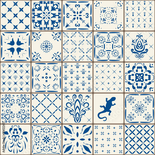 Indigo Blue Tiles Floor Ornament Collection. Gorgeous Seamless Patchwork Pattern from Colorful Traditional Painted Tin Glazed Ceramic Tilework Vintage Illustration. For web page template background