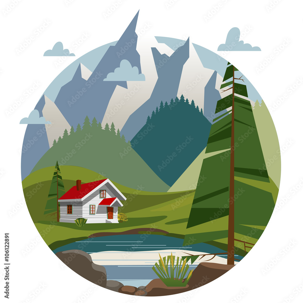 Houses in the mountains. Trendy flat style, vector illustrations, landscape Houses in the mountains. Trendy flat style, vector illustrations, landscape