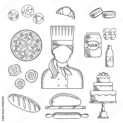 Baker profession icons with bread and cake, pizza and macarons, croissant and cupcakes, cookies and pretzel, cinnamon rolls and dough with rolling pin, milk and flour, eggs and baker in chef uniform