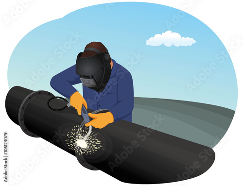 Welder is repairing a pipeline section. Heavy industry.