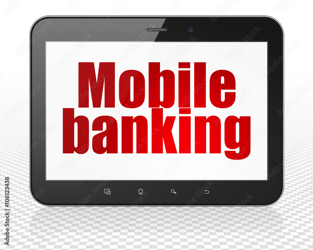 Banking concept: Tablet Pc Computer with Mobile Banking on display Banking concept: Tablet Pc Computer with Mobile Banking on display